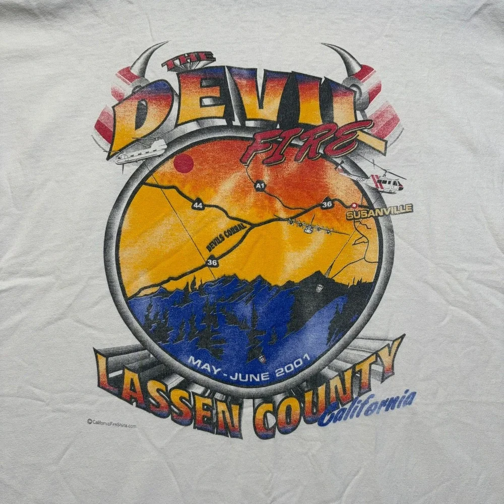 Vintage California Fire T-Shirt Men Large White 2001 Devil Fire Lassen County